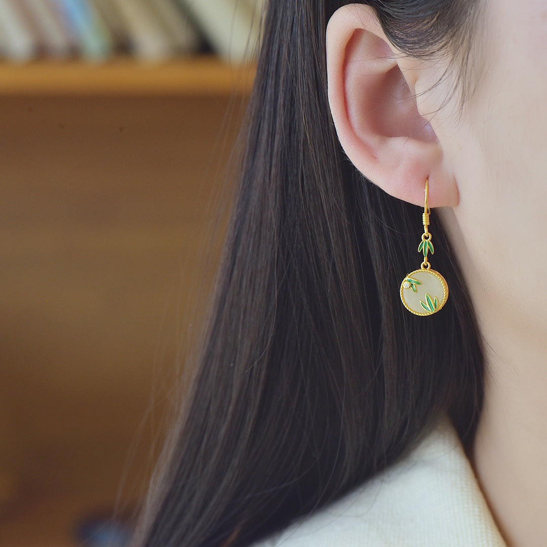 Gold Art Hetian Jade Gold-Plated Earrings with Green Enamel Bamboo – Versatile for Daily, Special Occasions & Gifting