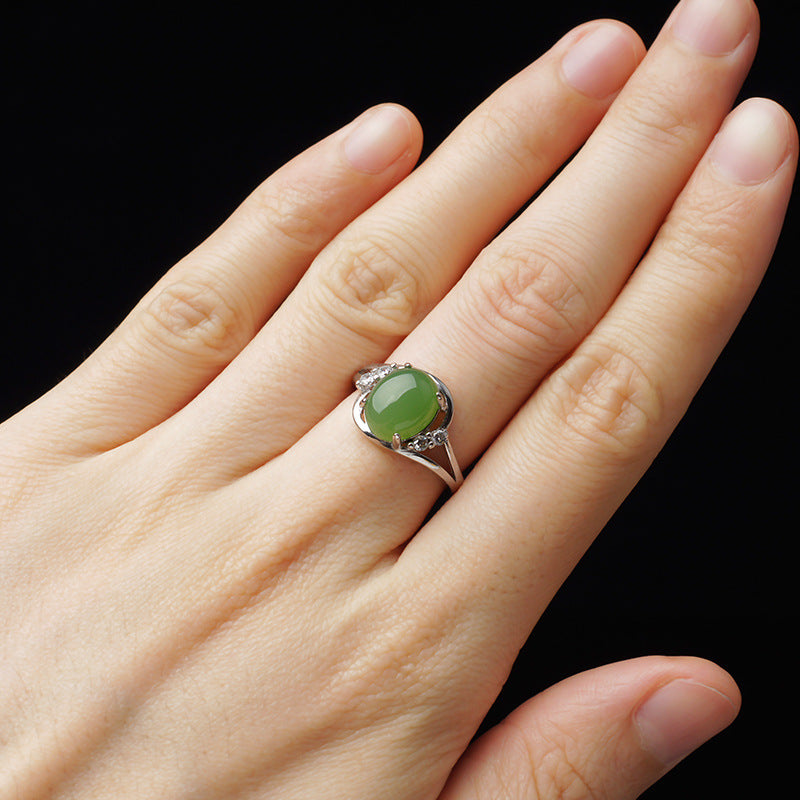 Gold Art With identification certificate｜925 sterling silver inlaid with Hetian Jasper ring Diamond decorated twist arm design full of sense｜Daily / Banquet / All-round adaptation Natural jade