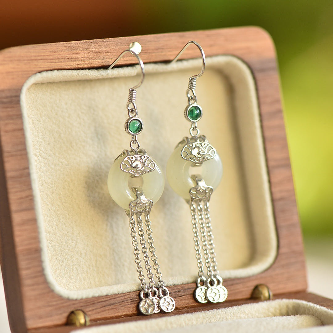 Gold Art Exquisite Gold Plated Hetian Jade Earrings - Tassel and Emerald, Suitable for Daily Wear and Gift Giving