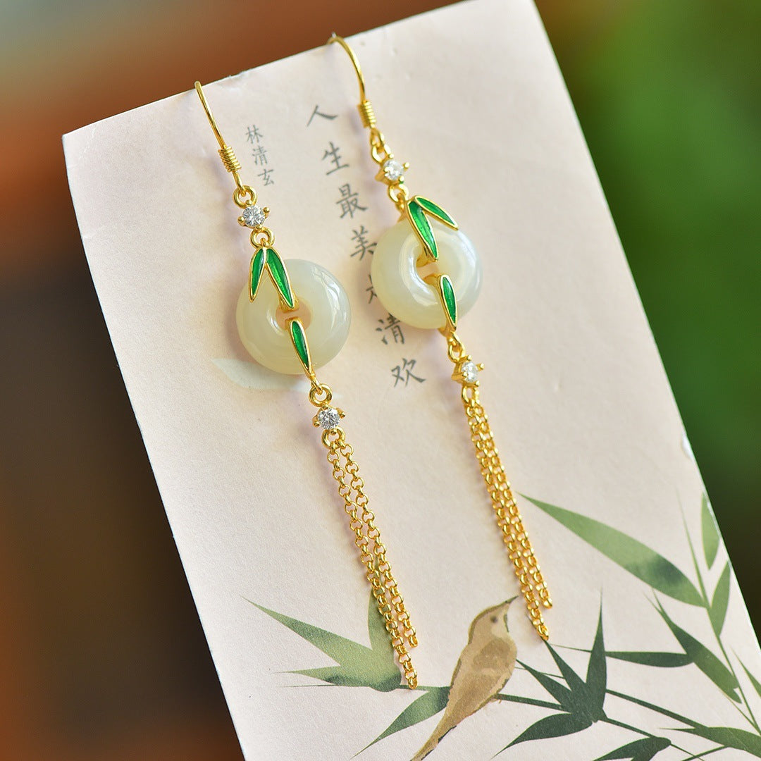 Gold Art Exquisite Gold Plated 925 Silver Hetian Jade Earrings - Bamboo, Tassel and Certified, Suitable for Daily Wear and Gift Giving