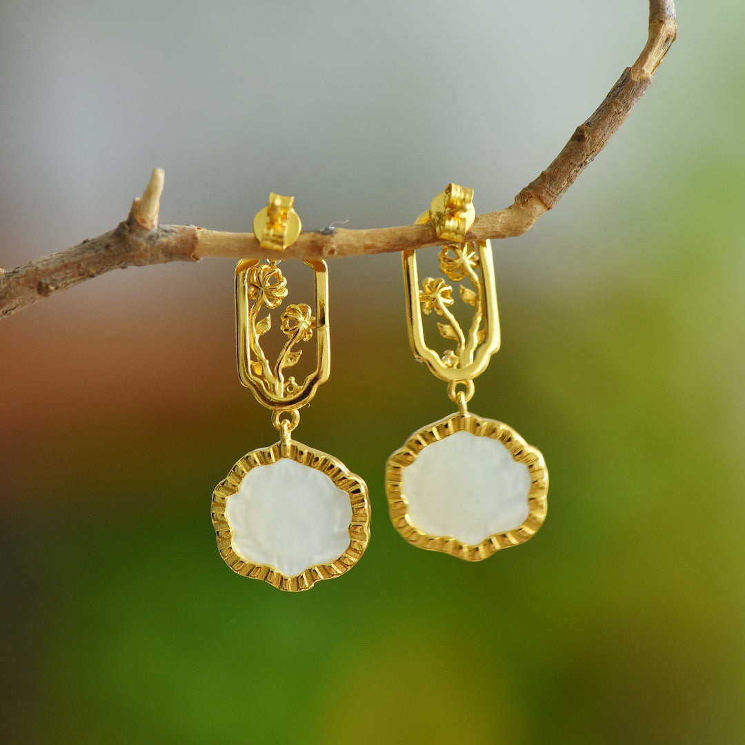 Gold Art  Certified Natural Hetian Jade Earrings - Gold Plated Carved Lotus Design, Decorated with Floral Patterns, Suitable for Daily Wear and Gift Giving