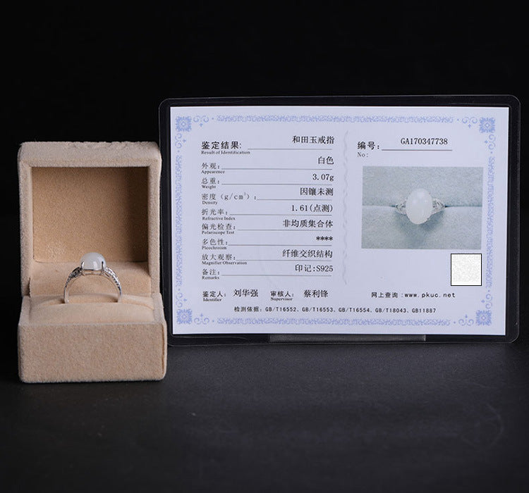 Gold Art With certificate of authenticity | 925 sterling silver and Hetian jade ring  0Arrow-shaped diamond-set large egg-shaped design | Suitable for daily use / banquets / gifts Natural jade + light luxury texture Elegant and high-end