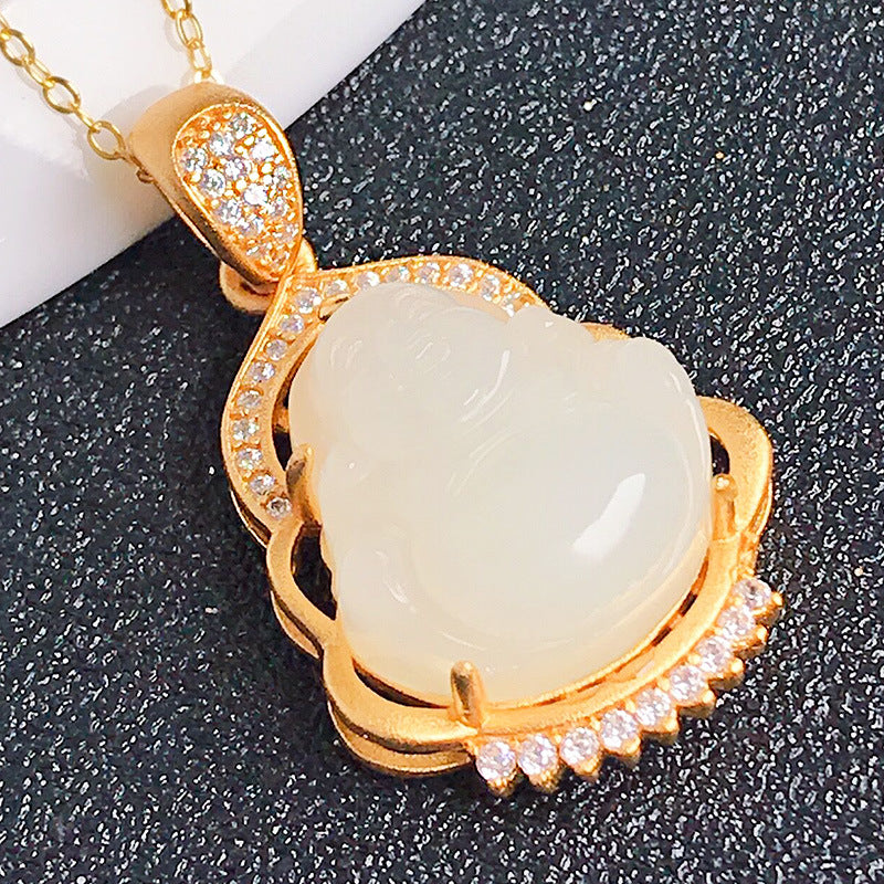 Gold Art Hetian Jade Gold Plated Laughing Buddha Necklace - Cubic Zirconia Details, Suitable for Daily Wear and Special Occasions