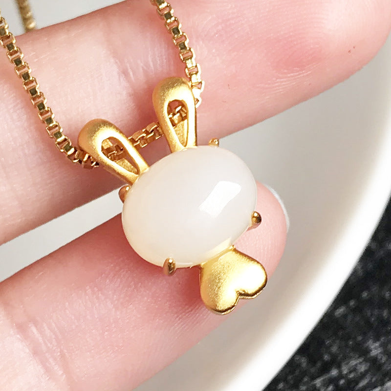 Gold Art Gold-Plated Hetian Jade Bunny Pendant Necklace with Heart Detail – Ideal for Daily Wear & Gifting