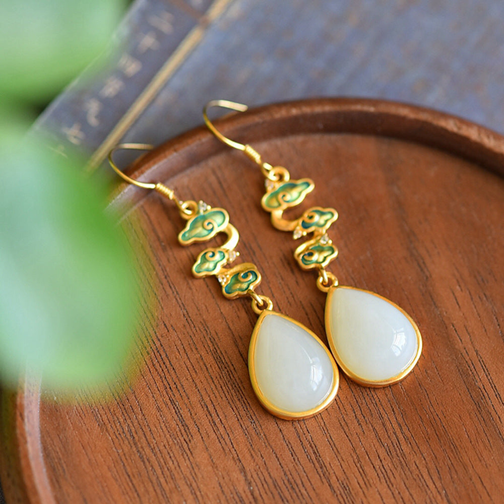 Gold Art  Enamel Auspicious Cloud Pattern Gold-plated Hetian Jade Earrings – Certified for Daily Wear and Gift Giving