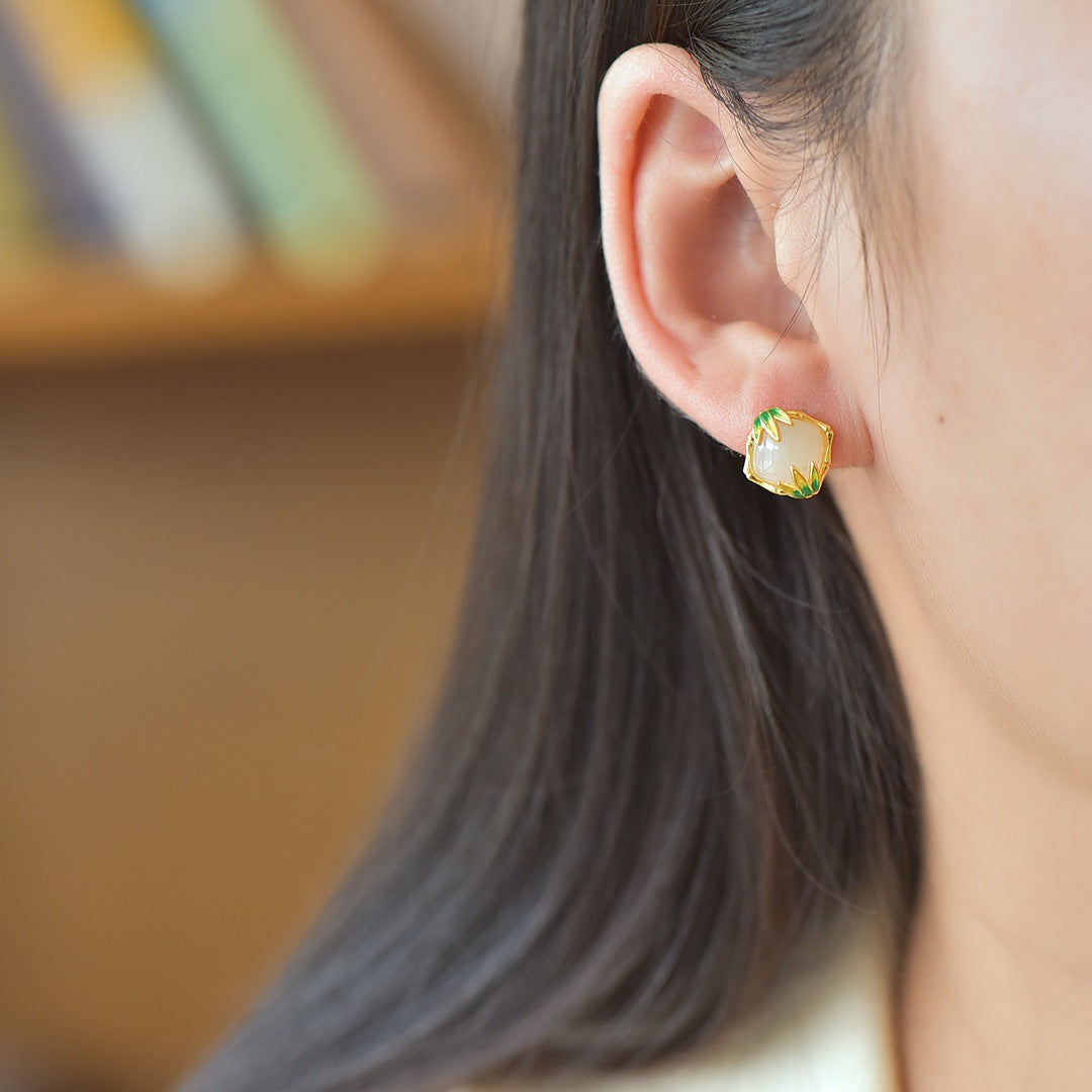 Gold Art New Chinese style Hetian jade bamboo stud earrings - 925 silver with gold plated, certified for daily wear, special occasions and gifts