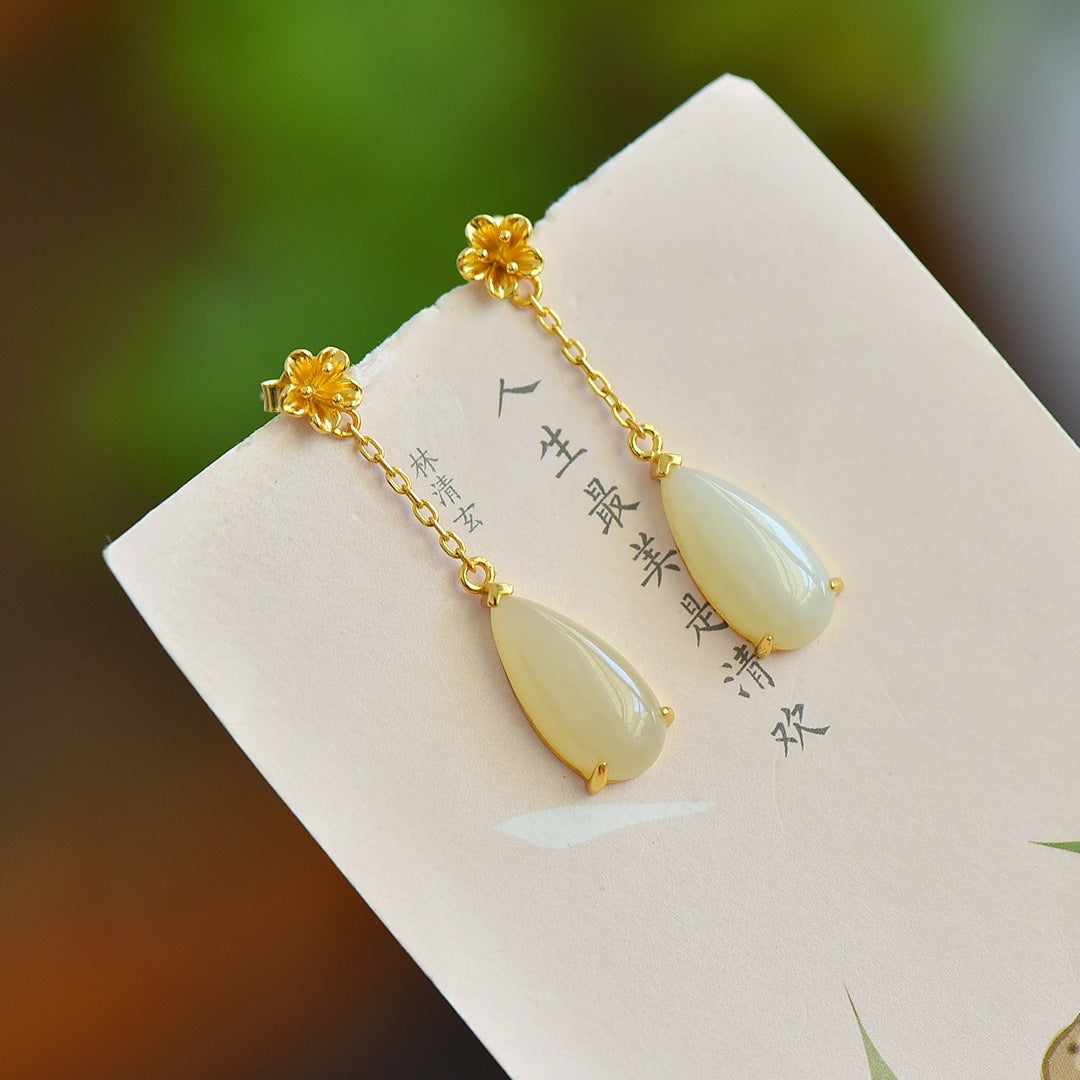 Gold Art Certified Natural Hetian Jade Earrings - Gold Plated Flower and Teardrop Design, Perfect for Everyday Wear, Gift Giving and Special Occasions