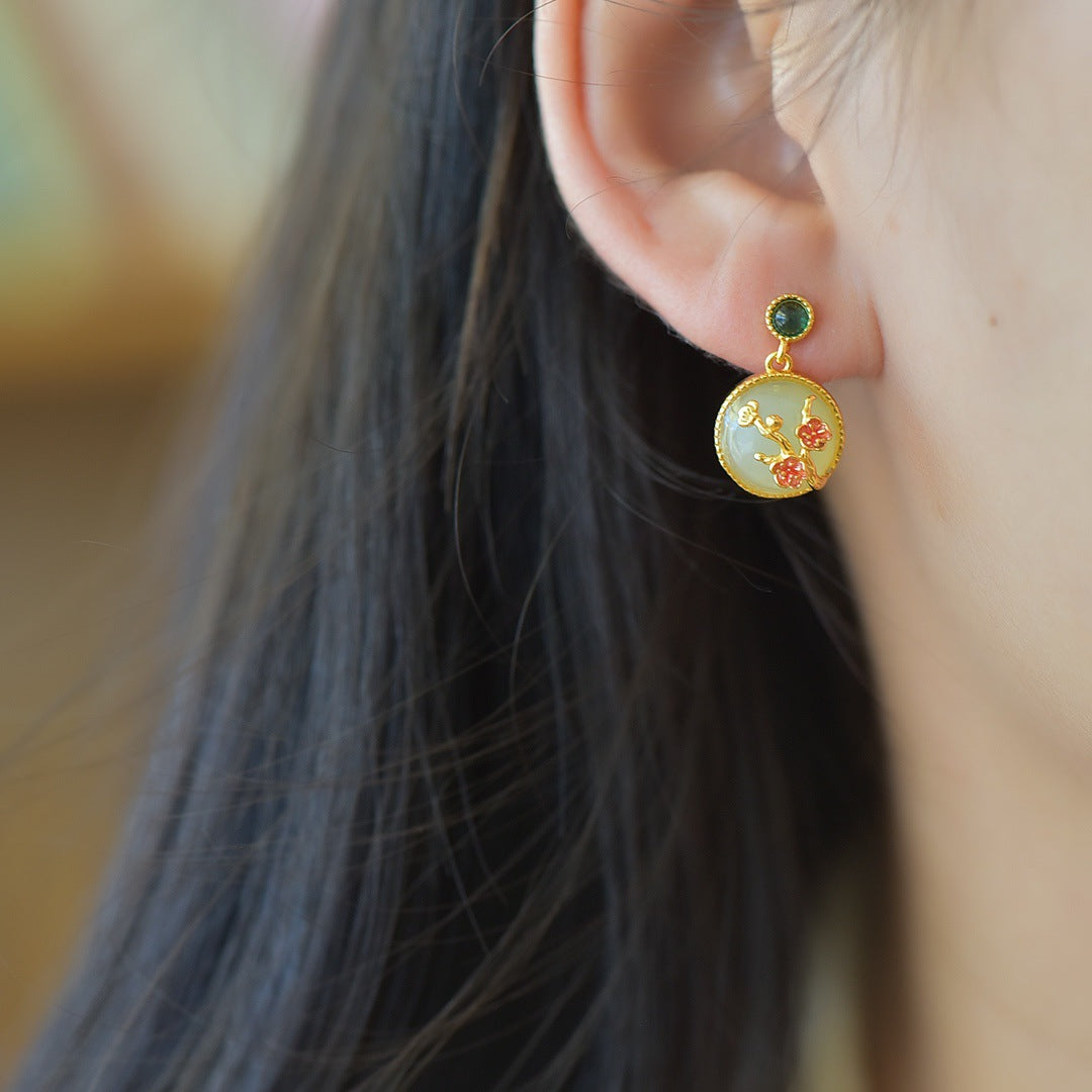Gold Art Certified Hetian white jade stud earrings, gold plated 925 silver, plum blossom pattern, suitable for daily wear and special occasions