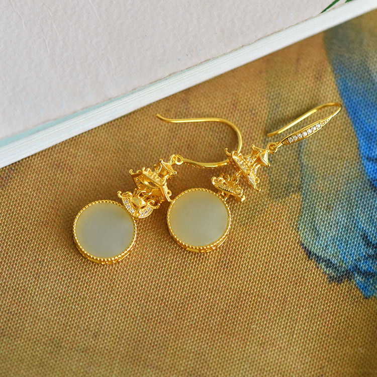 Gold Art Gold Plated Pagoda Pattern Hetian Jade Earrings - Certified for Daily Wear and Gift Giving