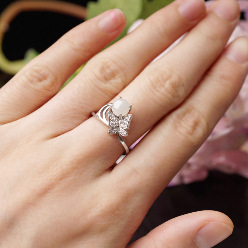 Gold Art [With certificate] 925 sterling silver and Hetian jade flower ring  Design sense bursting | Daily / dating / gift-giving all-round adaptation Natural jade + shining diamonds Elegant and not a hit