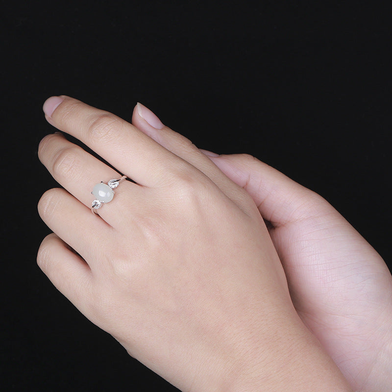 Gold Art With identification certificate｜925 sterling silver and Hetian jade open ring Smart diamond design｜Suitable for daily life / gift giving / commuting Natural jade + silver support to preserve color Elegant and high-end feeling