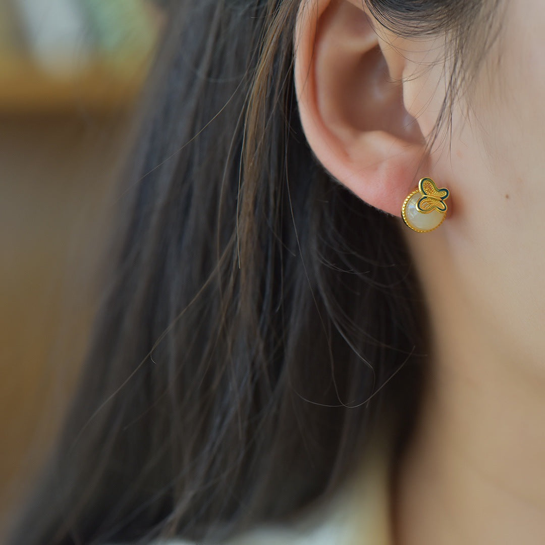 Gold Art Certified Hetian White Jade Enamel Butterfly Stud Earrings in 925 Silver Gold-Plating – Perfect for Everyday Style & Gifting
