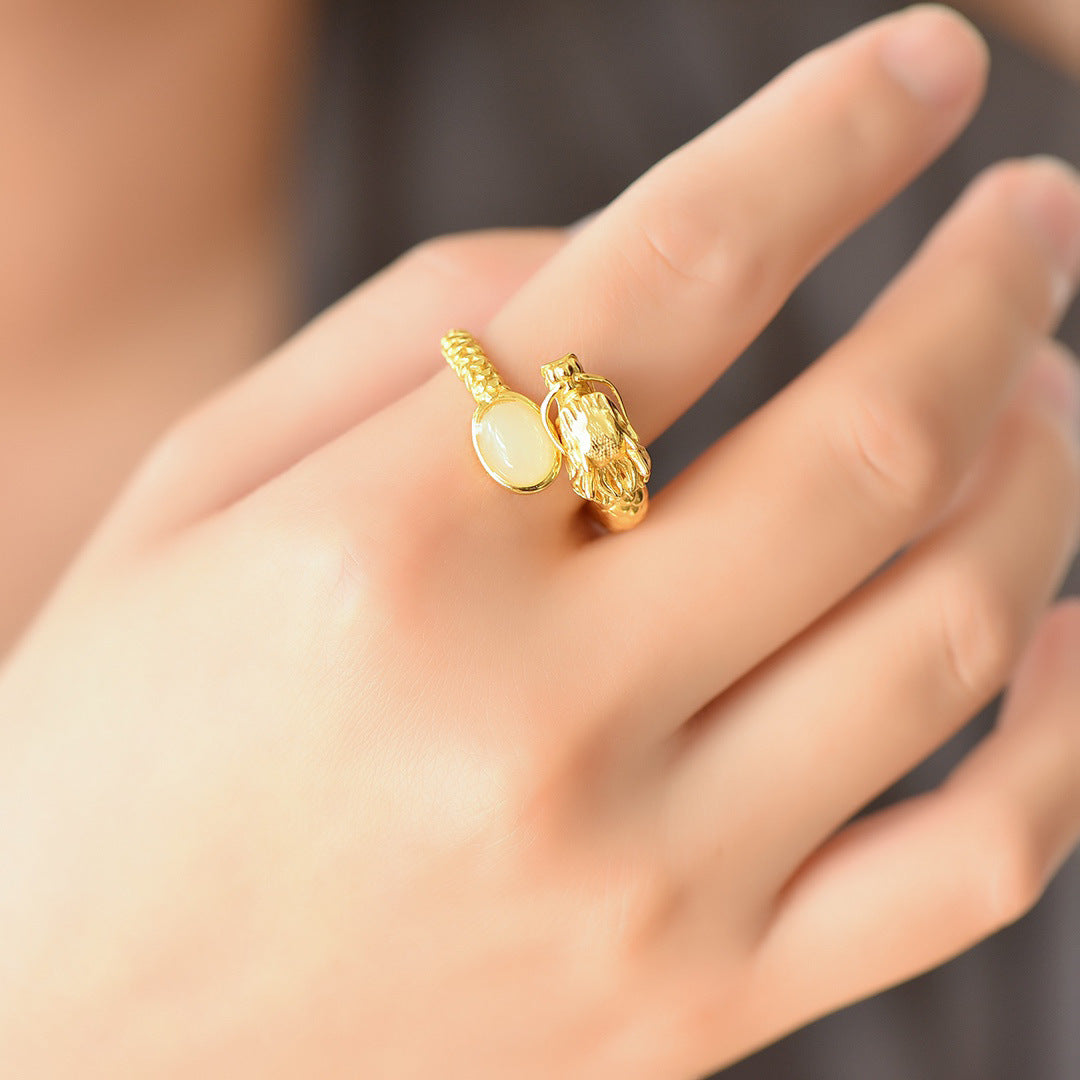 Gold Art  With identification certificate｜925 sterling silver gold-plated Hetian jade dragon ring  National trend domineering dragon head design｜Daily / gift / collection all-round adaptation Natural jade + Chinese auspicious Tibetan high-end feeling