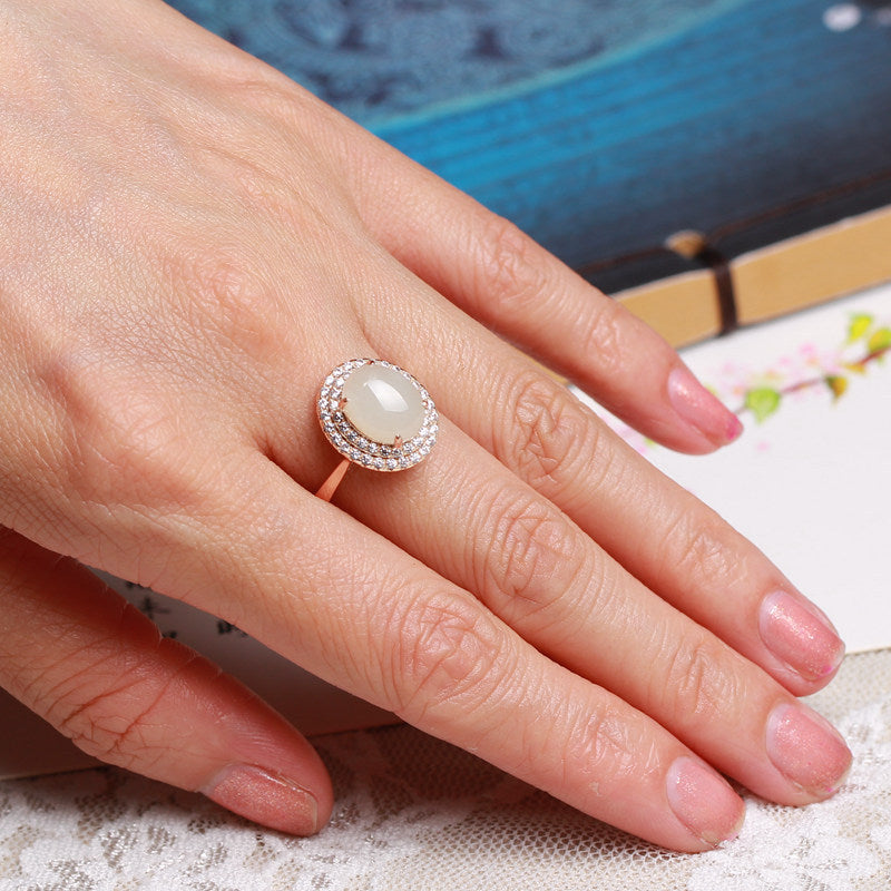 Gold Art With identification certificate｜925 sterling silver plated with rose gold and Hetian jade ring Double-layer diamond-studded oval egg-shaped design Natural jade light luxury texture Elegant and high-end