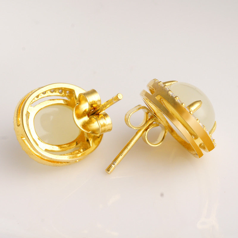 Gold Art Certified Hetian Jade Stud Earrings - Gold - Plated with Diamond - Encrusted Halo, Elegant Design for Daily & Special Occasions