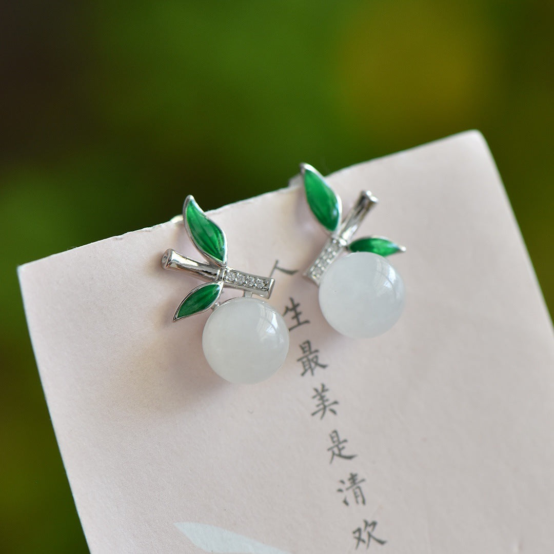 Gold Art Gold-plated Hetian jade stud earrings, certified enamel bamboo pattern + diamond details | Perfect for everyday elegant wear, cultural gifts and events