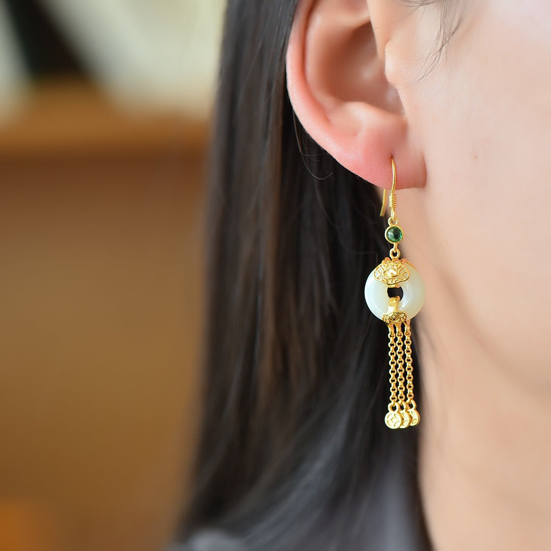 Gold Art Exquisite Gold Plated Hetian Jade Earrings - Tassel and Emerald, Suitable for Daily Wear and Gift Giving