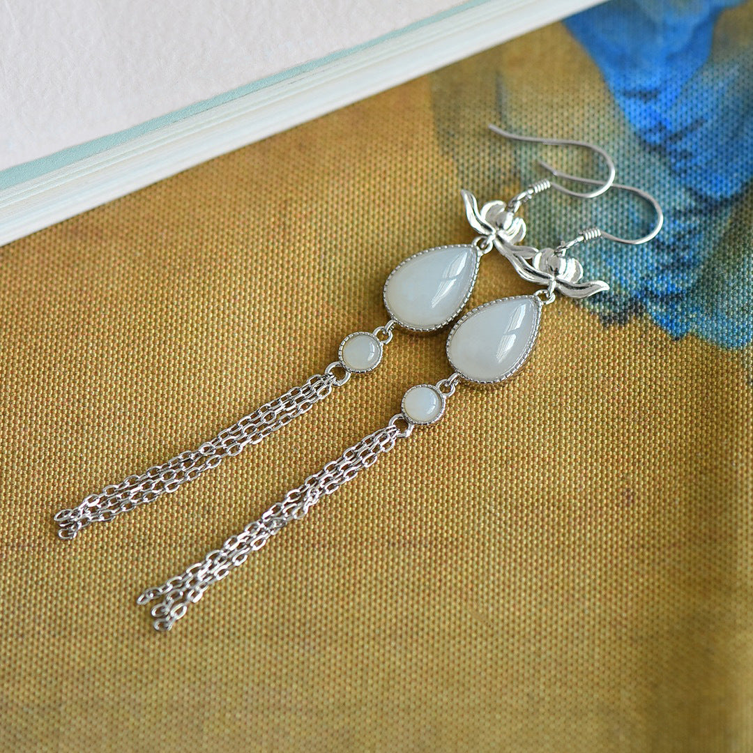 Gold Art  Natural Hetian jade water drop tassel earrings | Golden lotus shape with identification certificate Chinese Hanfu/dinner/daily commuting gift high-end jewelry