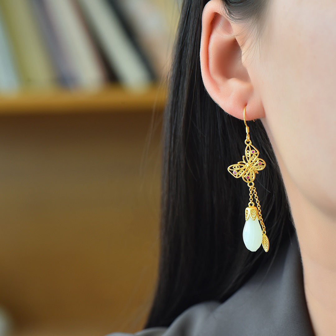 Gold Art Gold plated Nephrite jade drop earrings with butterfly and ruby details - perfect for everyday wear, events and gifts