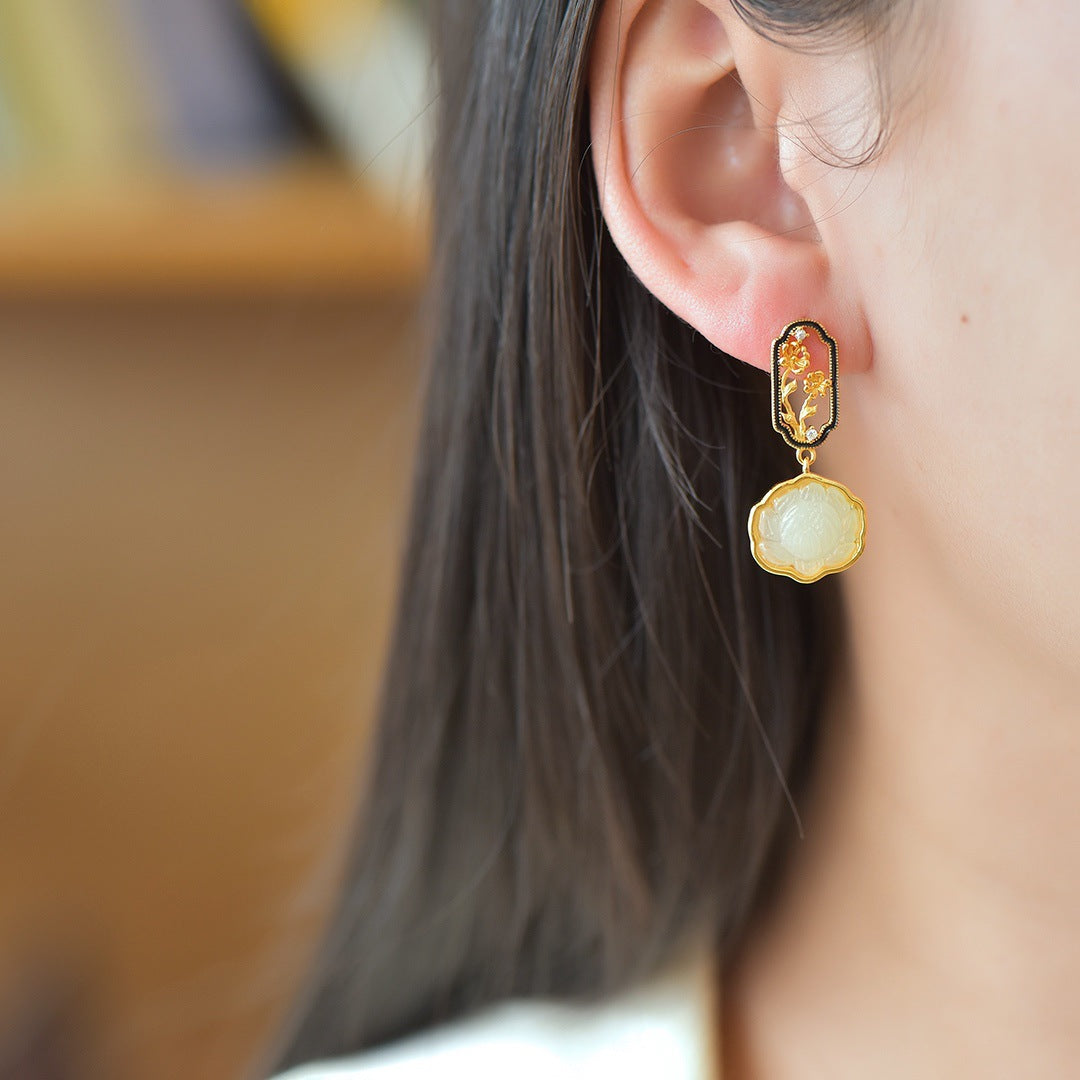 Gold Art  Certified Natural Hetian Jade Earrings - Gold Plated Carved Lotus Design, Decorated with Floral Patterns, Suitable for Daily Wear and Gift Giving