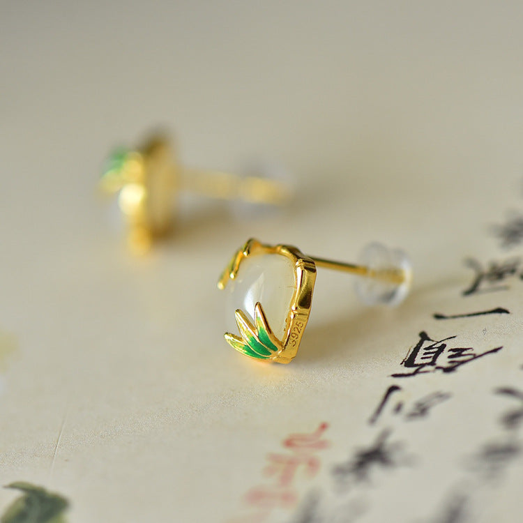 Gold Art New Chinese style Hetian jade bamboo stud earrings - 925 silver with gold plated, certified for daily wear, special occasions and gifts