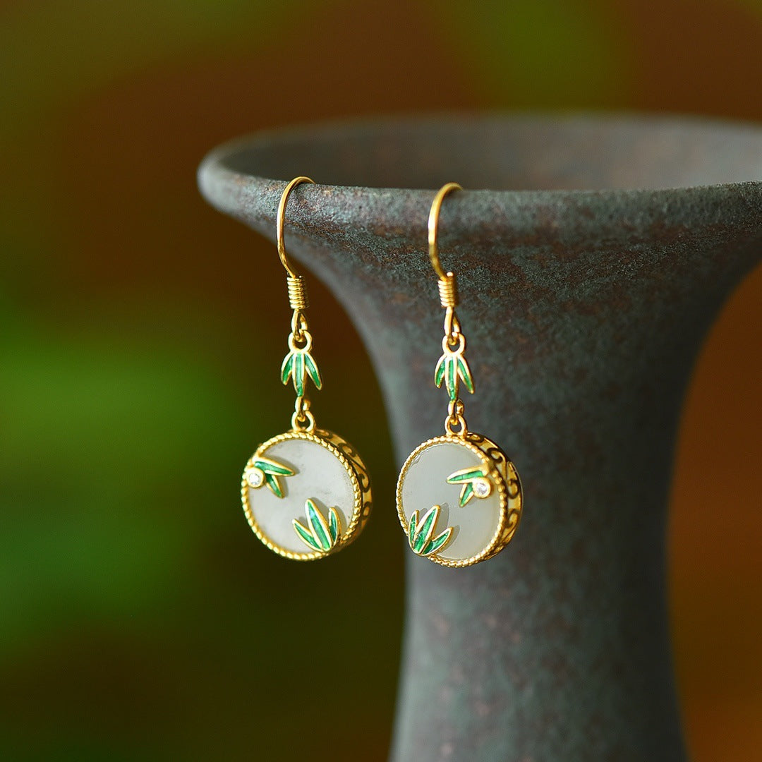 Gold Art Hetian Jade Gold-Plated Earrings with Green Enamel Bamboo – Versatile for Daily, Special Occasions & Gifting