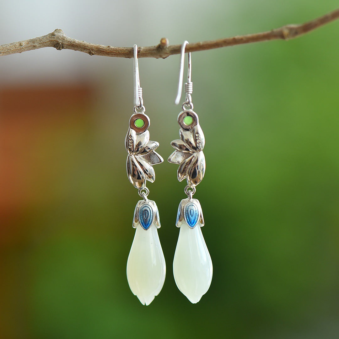 Gold Art  Blue Enamel Floral Sterling Silver Nephrite Jade Earrings – Perfect for Everyday Wear, Celebrations and Gifts