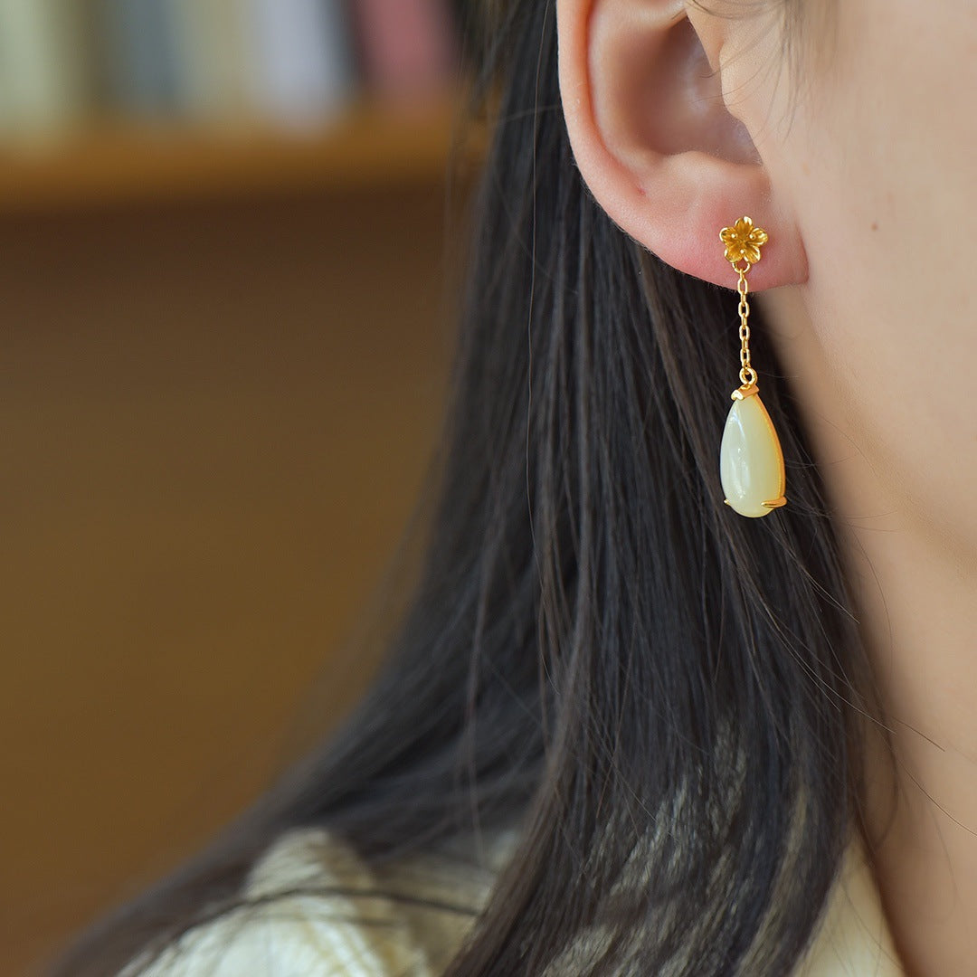 Gold Art Certified Natural Hetian Jade Earrings - Gold Plated Flower and Teardrop Design, Perfect for Everyday Wear, Gift Giving and Special Occasions