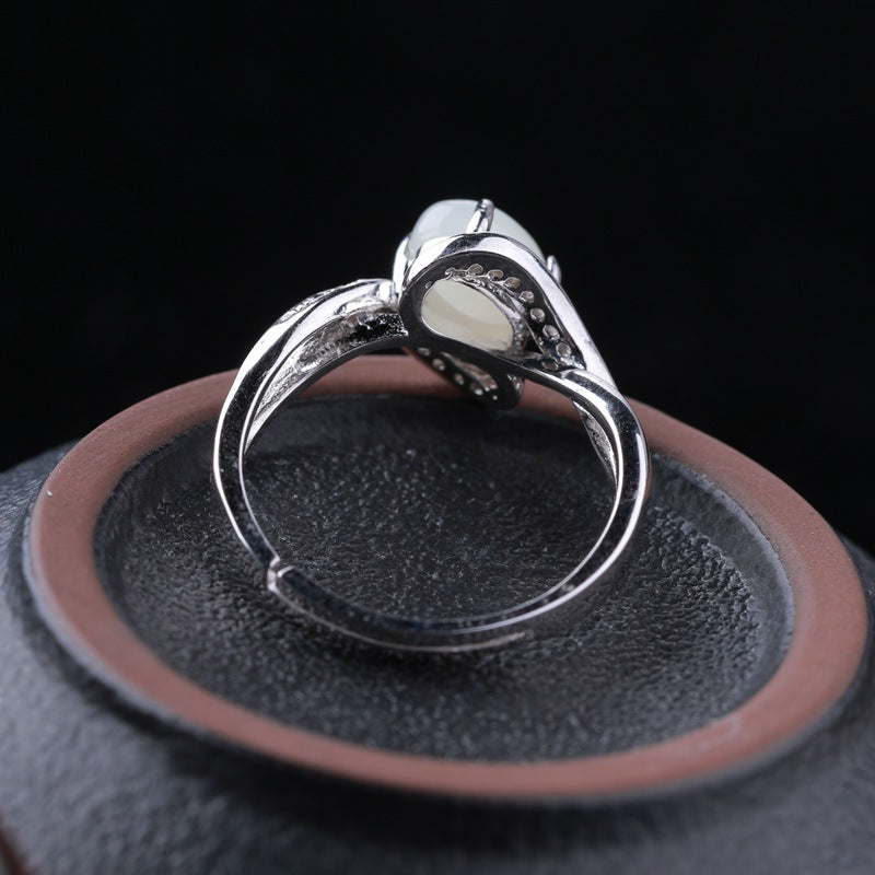 Gold Art With identification certificate | 925 sterling silver and Hetian jade open ring  Curved diamond design full of sense | Daily / gift / commuting all-round adaptation Natural jade + silver support color preservation Elegant and high-end feeling