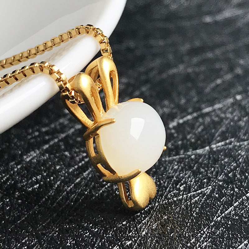 Gold Art Gold-Plated Hetian Jade Bunny Pendant Necklace with Heart Detail – Ideal for Daily Wear & Gifting