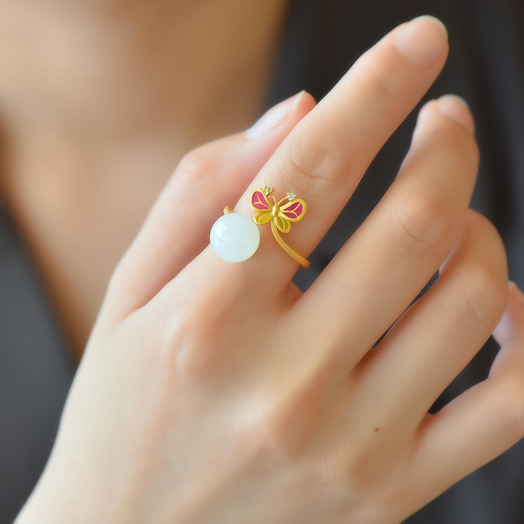 Gold Art  With identification certificate｜925 sterling silver gilt Hetian jade ring Enamel butterfly holding beads design｜Daily / Hanfu / Natural jade Wear the spring butterfly shadow on your fingertips