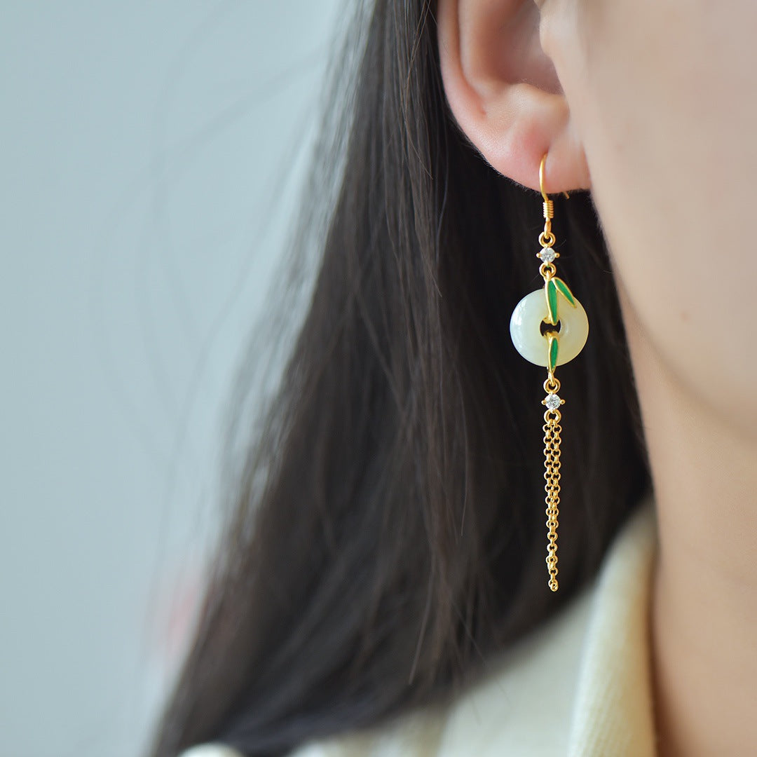 Gold Art Exquisite Gold Plated 925 Silver Hetian Jade Earrings - Bamboo, Tassel and Certified, Suitable for Daily Wear and Gift Giving
