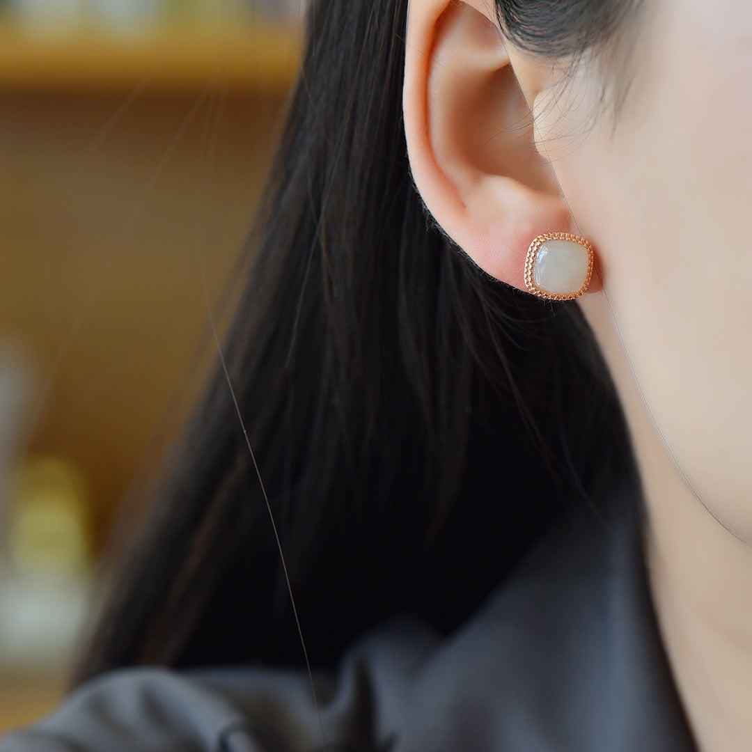 Gold Art Natural Hetian Jade Gold Plated Square Stud Earrings - Perfect for Everyday Wear and Special Occasions