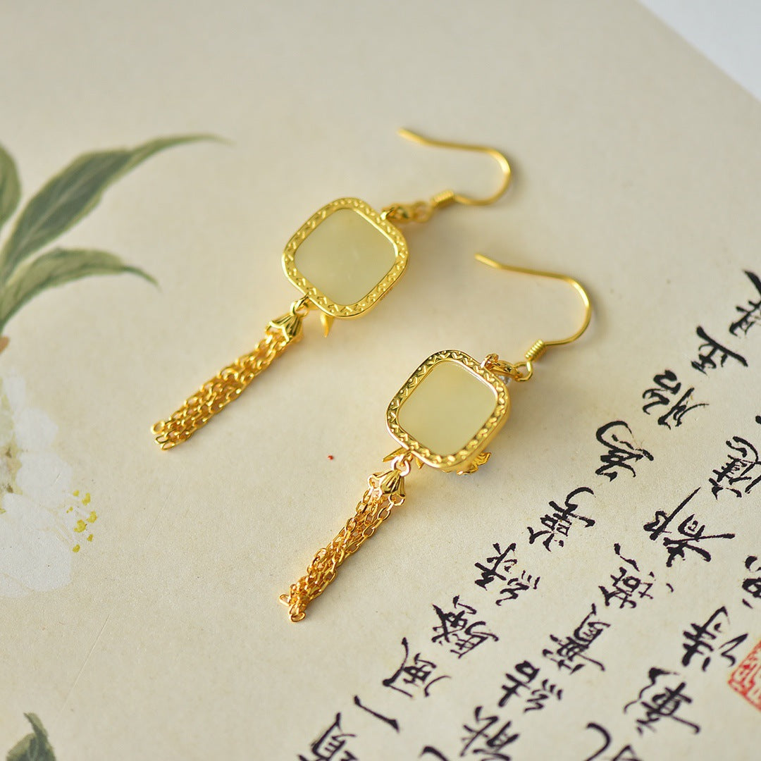 Gold Art Certified natural Hetian jade earrings - New Chinese palace style, with enamel and gold tassels, suitable for daily wear and gift giving
