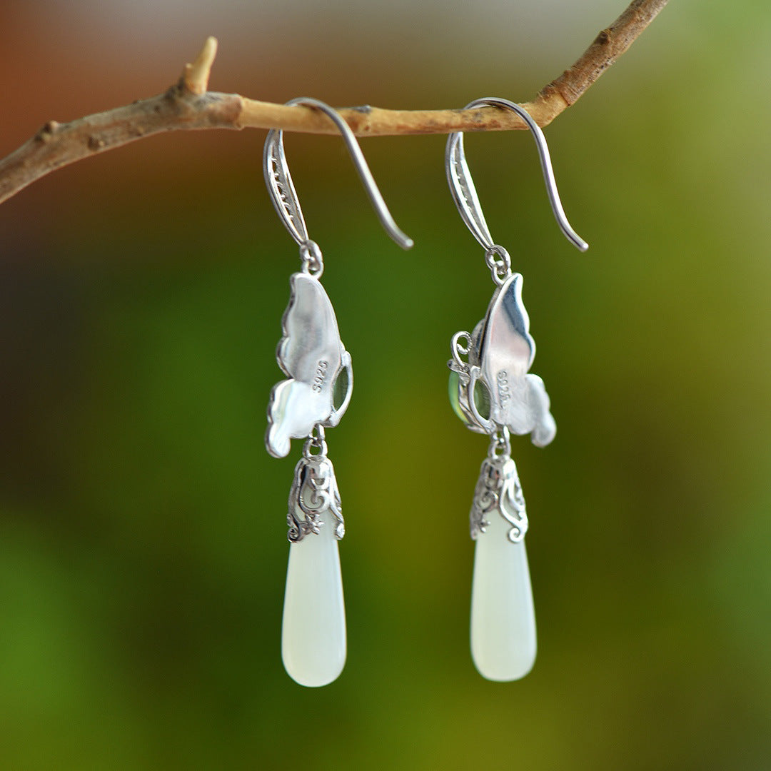 Gold Art Hetian Jade Gold Plated Butterfly Earrings - Enamel, Cubic Zirconia and Drop-Shaped Jade, Perfect for Everyday Wear, Celebrations and Gifts