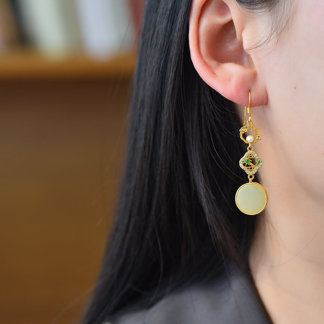 Gold Art Certified Hetian Jade Earrings with Gold Plated Pearl, Bamboo and Traditional Chinese Check Pattern Design | Perfect for Daily Wear and Gifting
