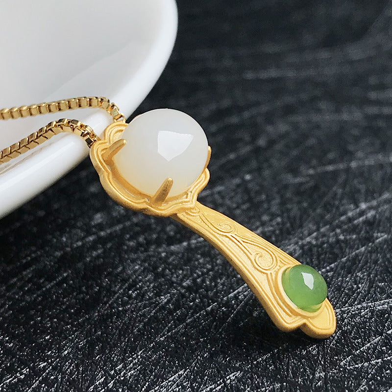Gold Art Hetian Jade Ruyi Gold Plated Pendant Necklace - Two-tone Jade, Perfect for Everyday Wear, Celebrations and Gifts