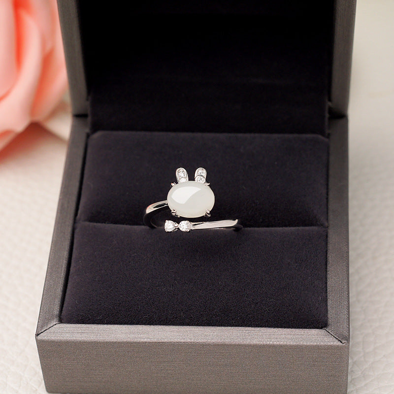 Gold Art With appraisal certificate｜925 sterling silver inlaid with Hetian jade cute rabbit ring  Diamond ear claw design is full of sense｜Daily / Dating / Natural jade + sweet and cute style, girly heart sniper!