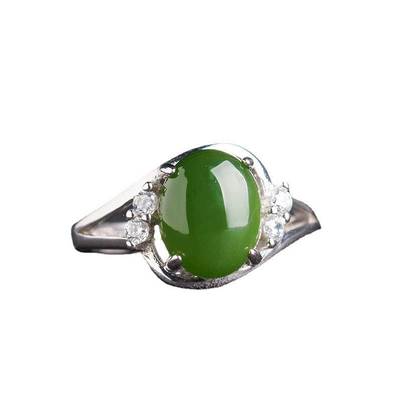 Gold Art With identification certificate｜925 sterling silver inlaid with Hetian Jasper ring Diamond decorated twist arm design full of sense｜Daily / Banquet / All-round adaptation Natural jade