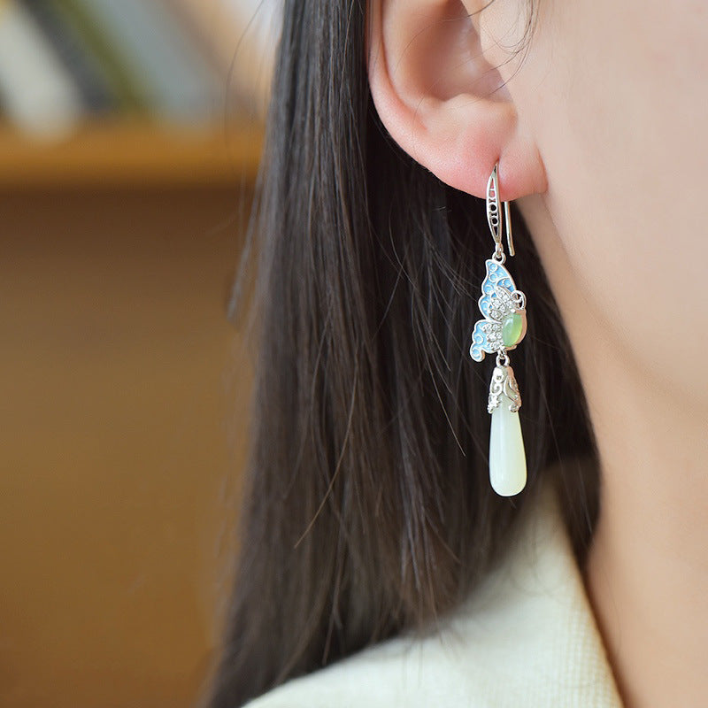 Gold Art Hetian Jade Gold Plated Butterfly Earrings - Enamel, Cubic Zirconia and Drop-Shaped Jade, Perfect for Everyday Wear, Celebrations and Gifts