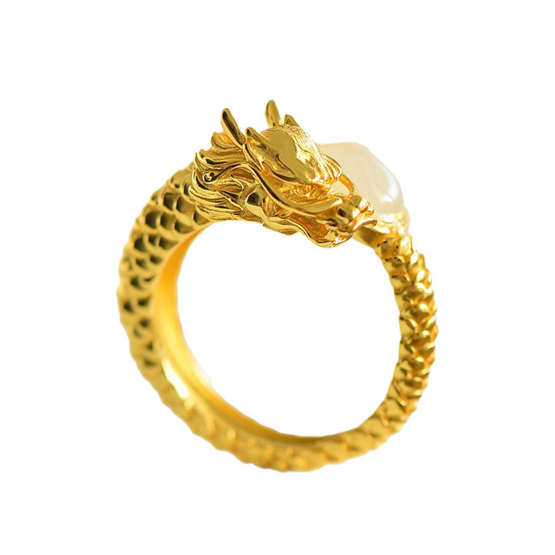 Gold Art  With identification certificate｜925 sterling silver gold-plated Hetian jade dragon ring  National trend domineering dragon head design｜Daily / gift / collection all-round adaptation Natural jade + Chinese auspicious Tibetan high-end feeling