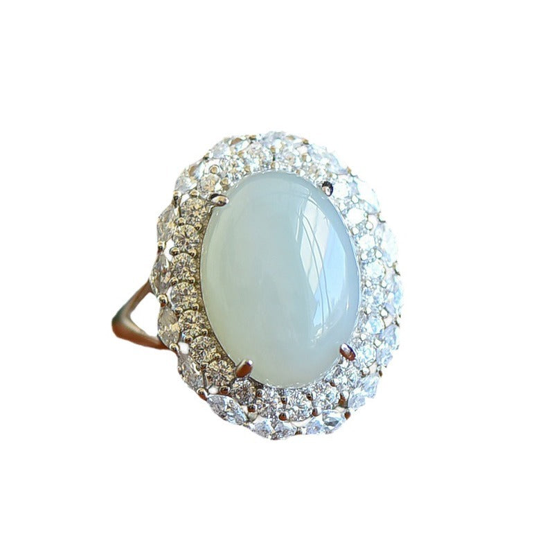 Gold Art 925 sterling silver Hetian jade egg-shaped ring | with identification certificate Full of design sense, suitable for daily life/gift/party and other occasions, exquisite and elegant jade ring