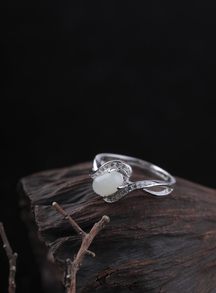 Gold Art With identification certificate | 925 sterling silver and Hetian jade open ring  Curved diamond design full of sense | Daily / gift / commuting all-round adaptation Natural jade + silver support color preservation Elegant and high-end feeling