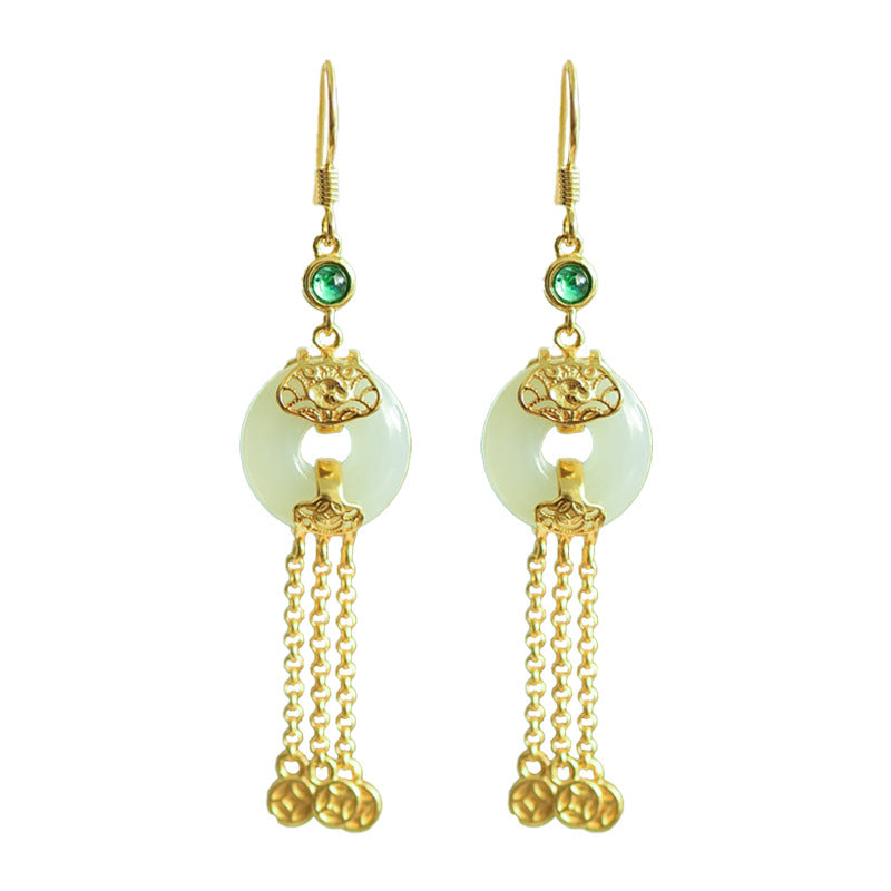 Gold Art Exquisite Gold Plated Hetian Jade Earrings - Tassel and Emerald, Suitable for Daily Wear and Gift Giving