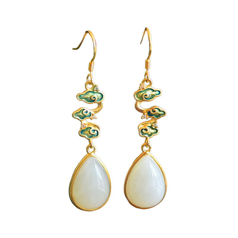 Gold Art  Enamel Auspicious Cloud Pattern Gold-plated Hetian Jade Earrings – Certified for Daily Wear and Gift Giving