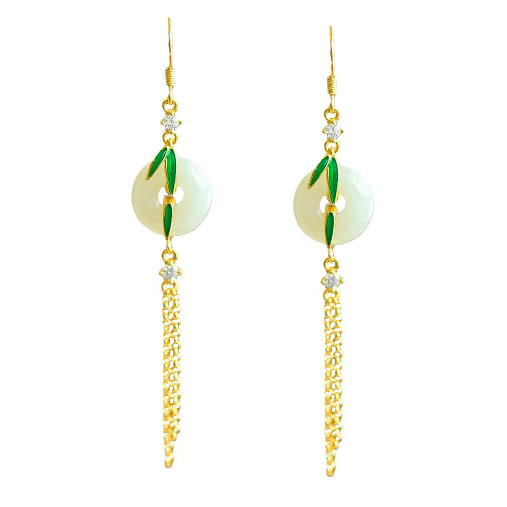 Gold Art Exquisite Gold Plated 925 Silver Hetian Jade Earrings - Bamboo, Tassel and Certified, Suitable for Daily Wear and Gift Giving