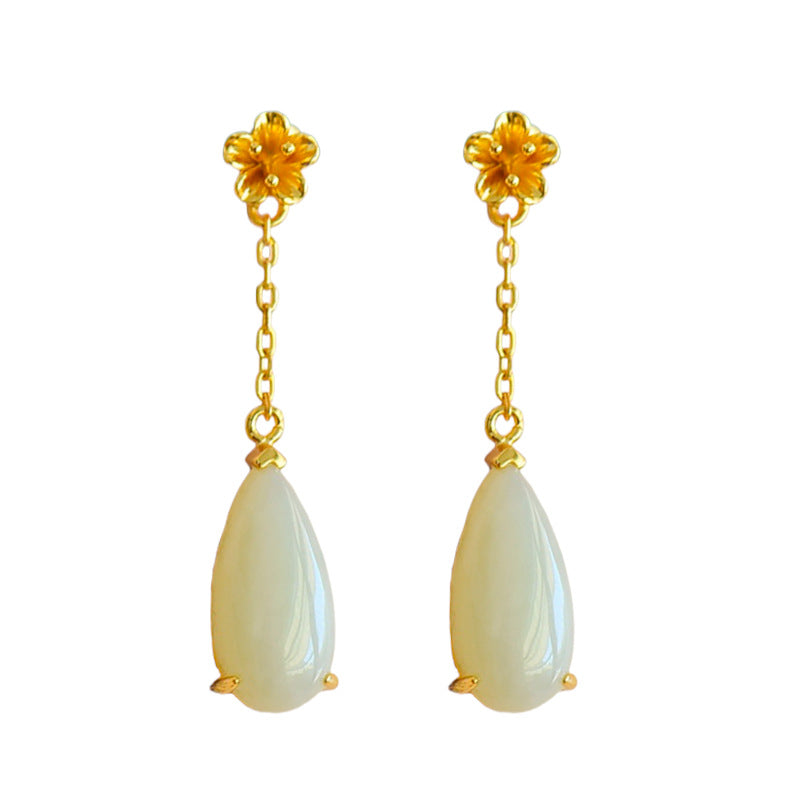 Gold Art Certified Natural Hetian Jade Earrings - Gold Plated Flower and Teardrop Design, Perfect for Everyday Wear, Gift Giving and Special Occasions
