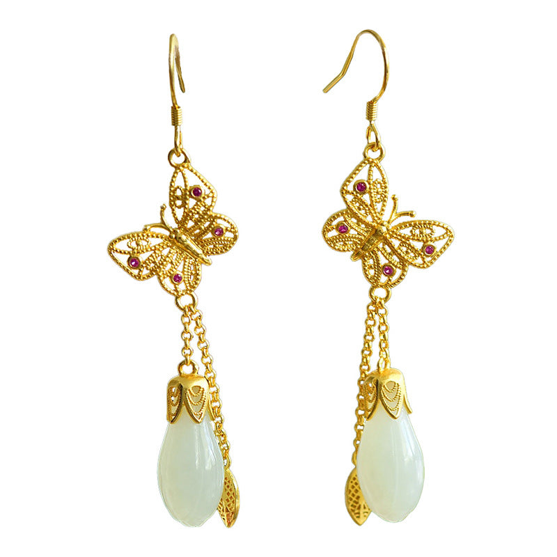 Gold Art Gold plated Nephrite jade drop earrings with butterfly and ruby details - perfect for everyday wear, events and gifts