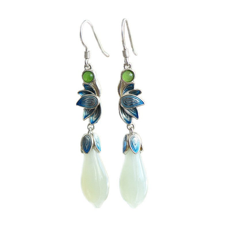 Gold Art  Blue Enamel Floral Sterling Silver Nephrite Jade Earrings – Perfect for Everyday Wear, Celebrations and Gifts
