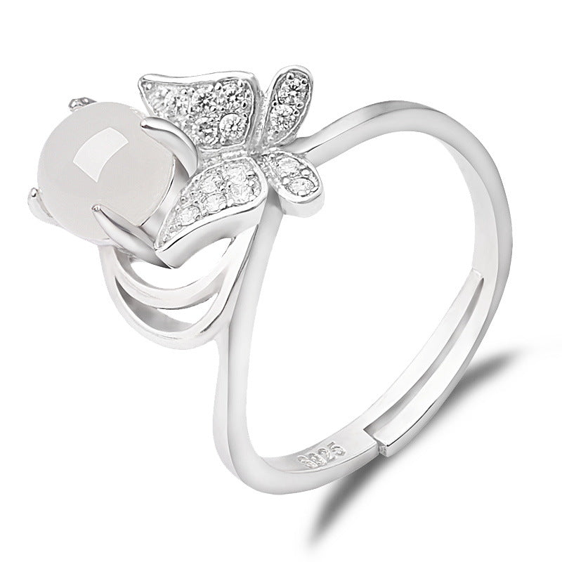 Gold Art [With certificate] 925 sterling silver and Hetian jade flower ring  Design sense bursting | Daily / dating / gift-giving all-round adaptation Natural jade + shining diamonds Elegant and not a hit